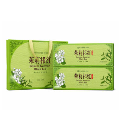 Fresh green gift box set of jasmine Keemun black tea with matching tote bag and separate small tea packs for home drinking and gift giving
