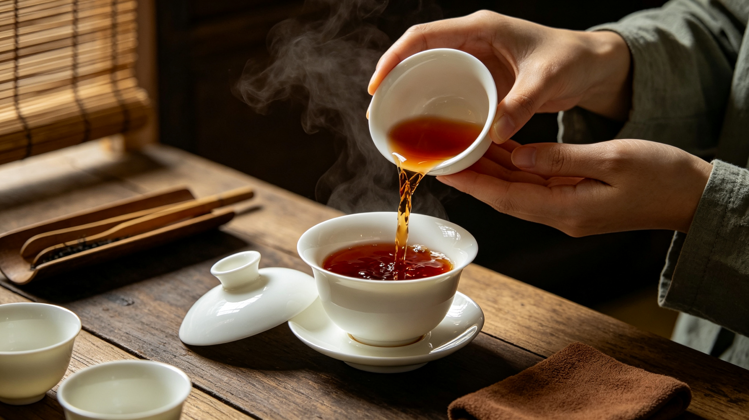 Chinese tea tasting scene with white porcelain gaiwan and tasting cups, bright red tea liquor, aroma appreciation