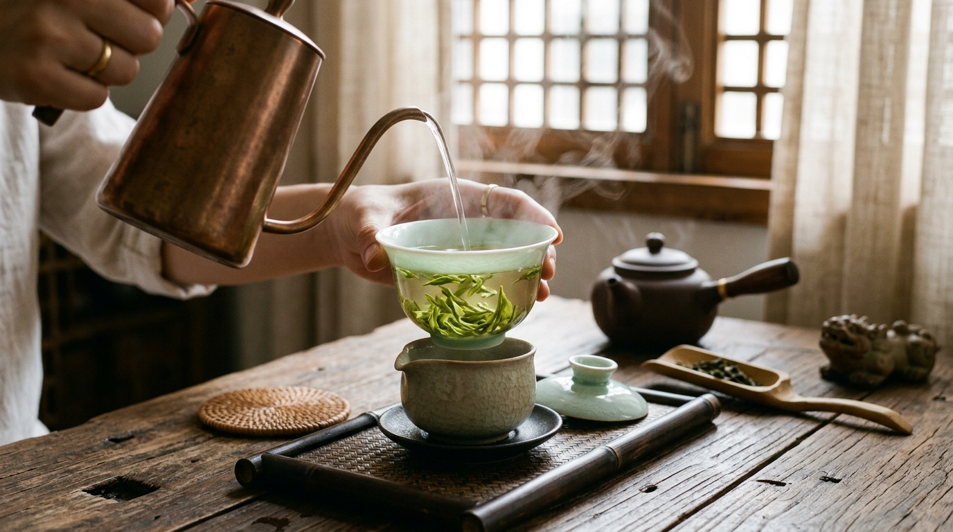 Traditional artisan tea brewing ceremony with celadon gaiwan, steaming hot water pouring over delicate green tea leaves on a rustic timber board