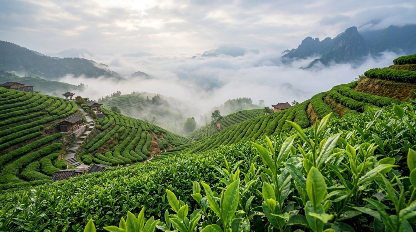 Sunlight Breaking Over Steep Mountain Tea Terraces
