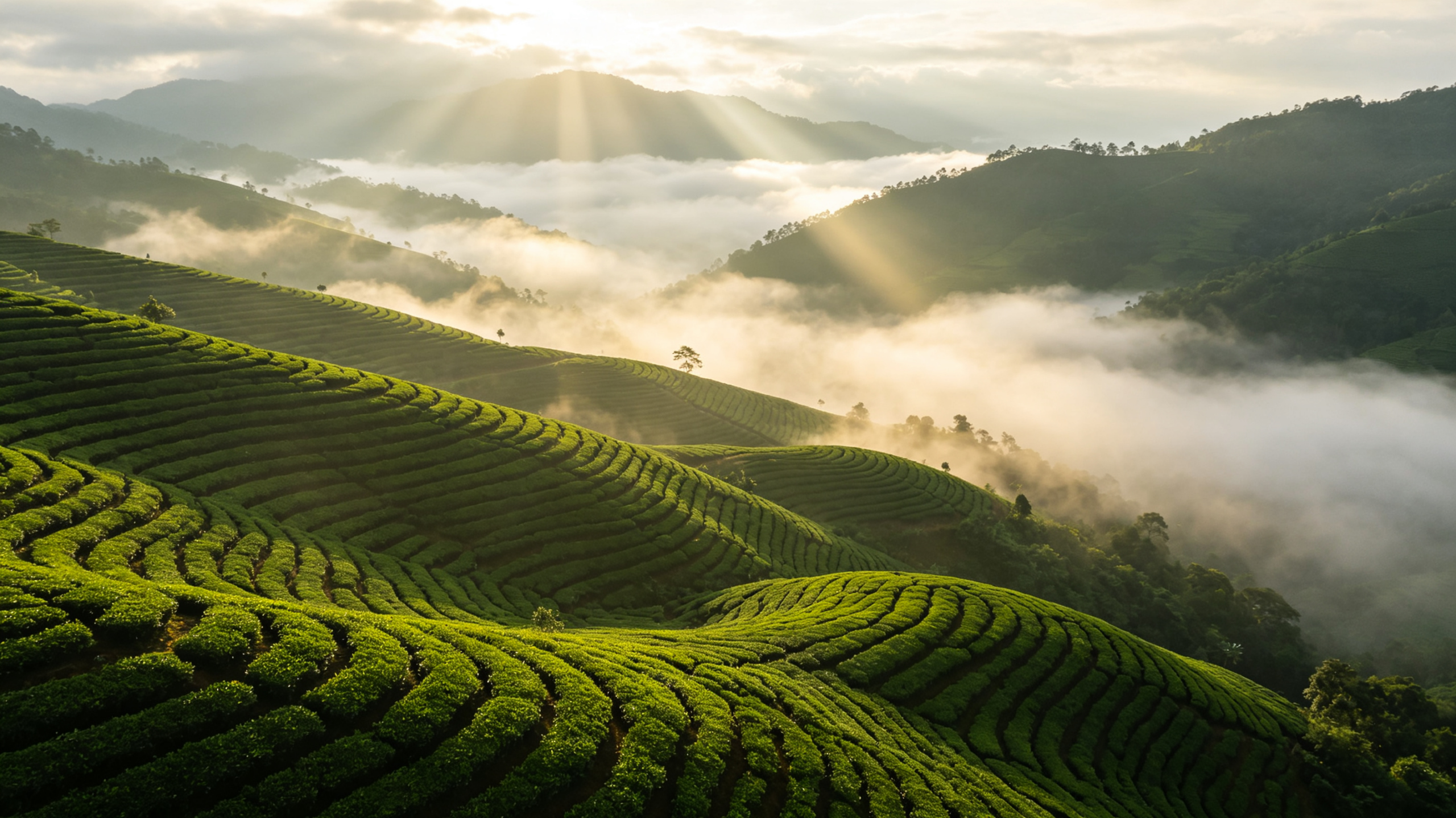 High-mountain tea garden shrouded in mist, lush tea bushes with beautiful terraced lines