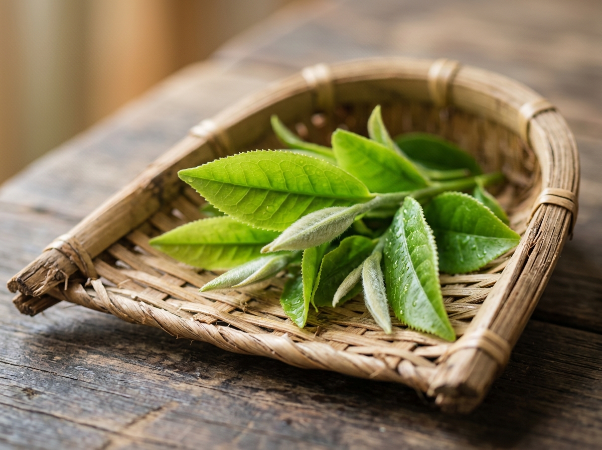 Close-up macro of freshly harvested tender spring tea shoots in a traditional bamboo basket with morning dewdrops