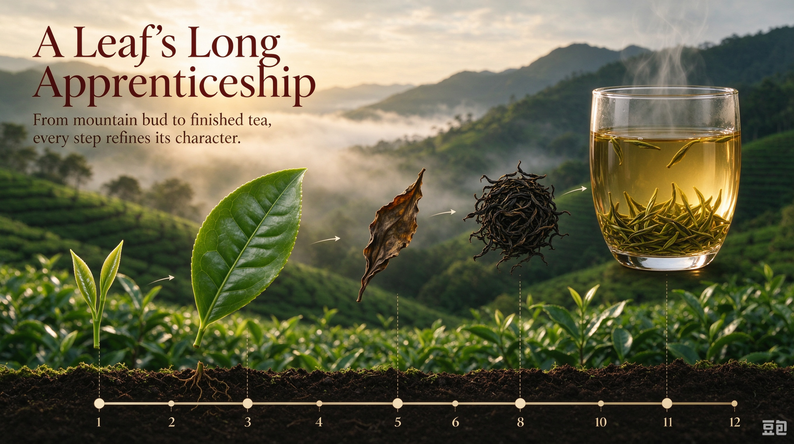 High-mountain tea terraces shrouded in mist, lush green tea bushes in rows