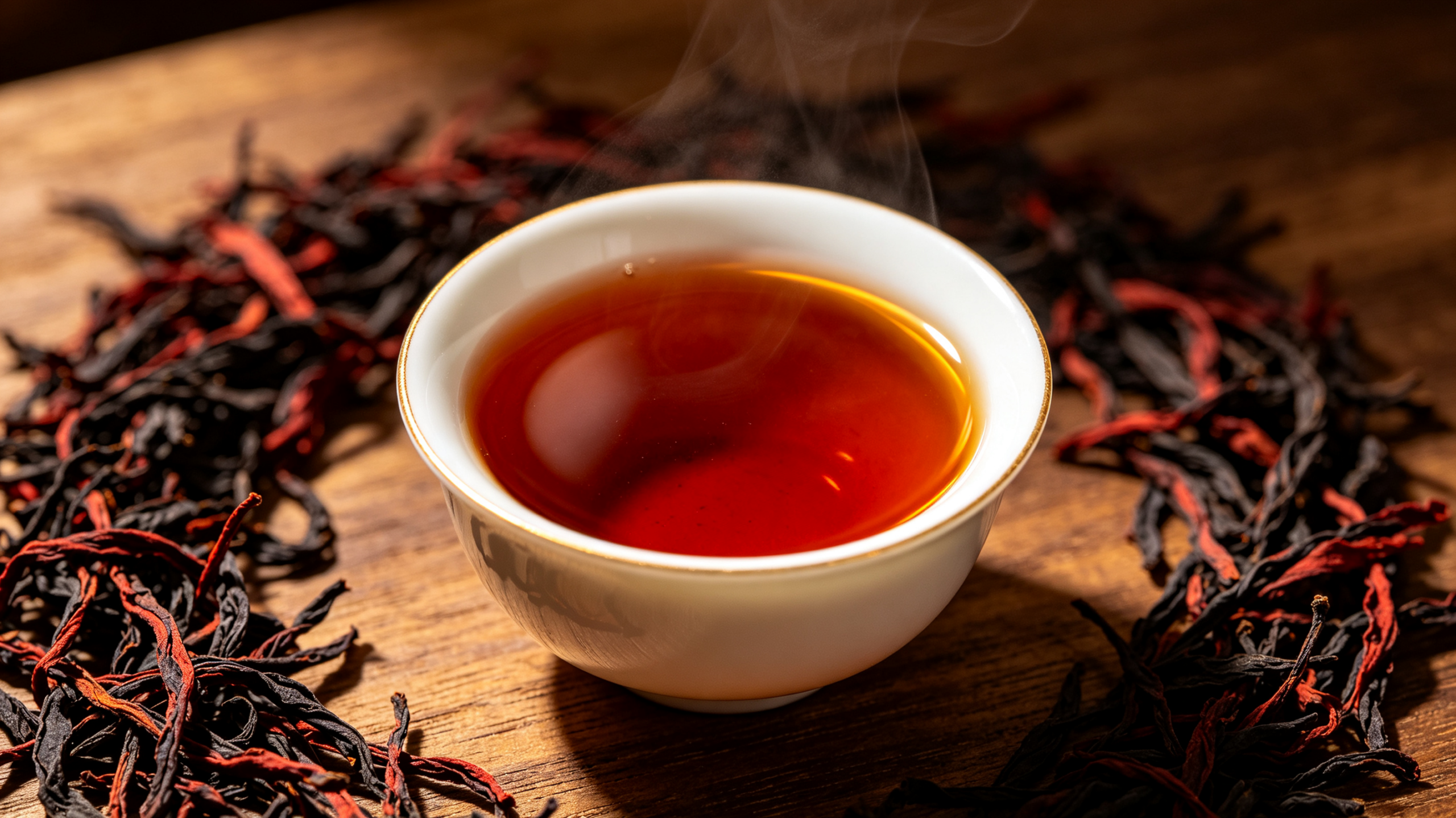 Close-up of black tea liquor, bright red in a white porcelain cup, showing golden ring and warm color