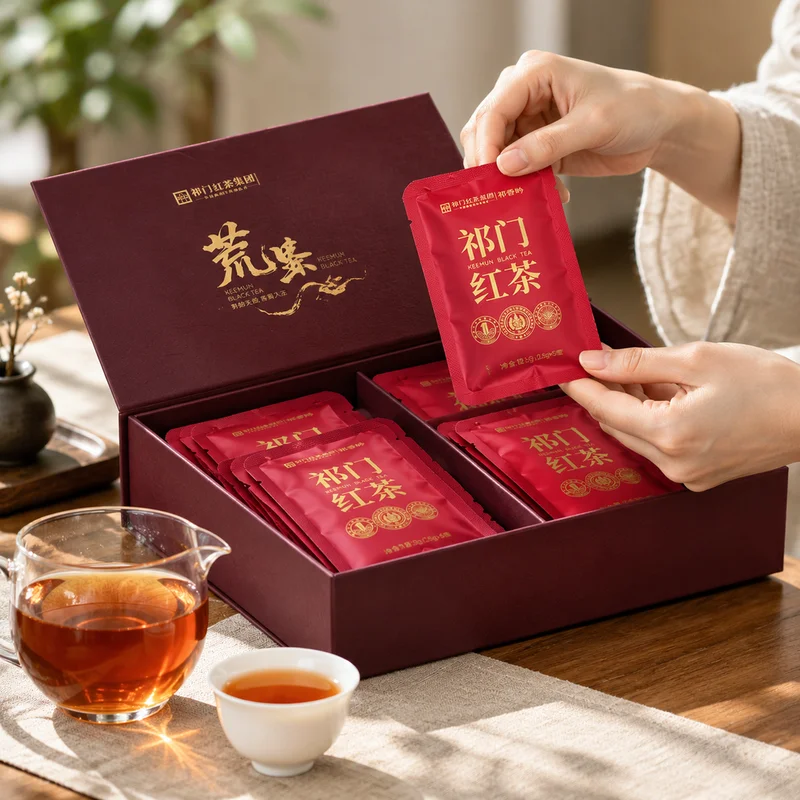 Authentic rectangular red tea sachet from Wild Keemun Black Tea Gift Set